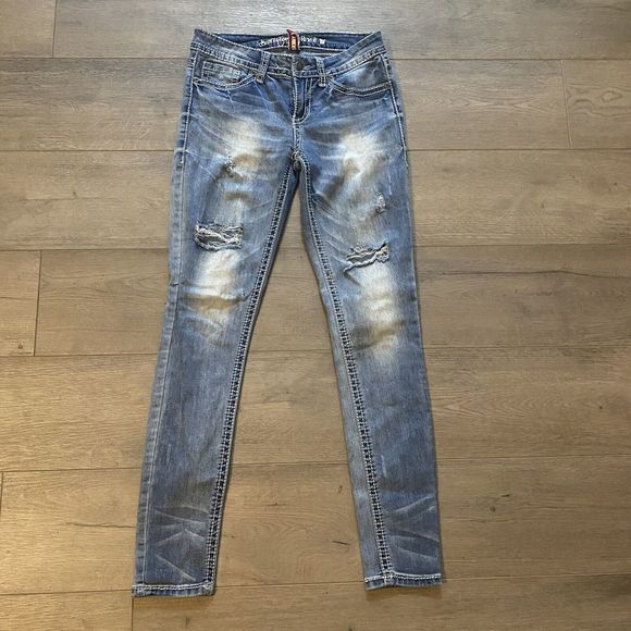Revolution By Revolt Denim Skinny Jeans ~ Sz 7 ~ Blue ~ Mid Rise ~ Distressed - Picture 2 of 6